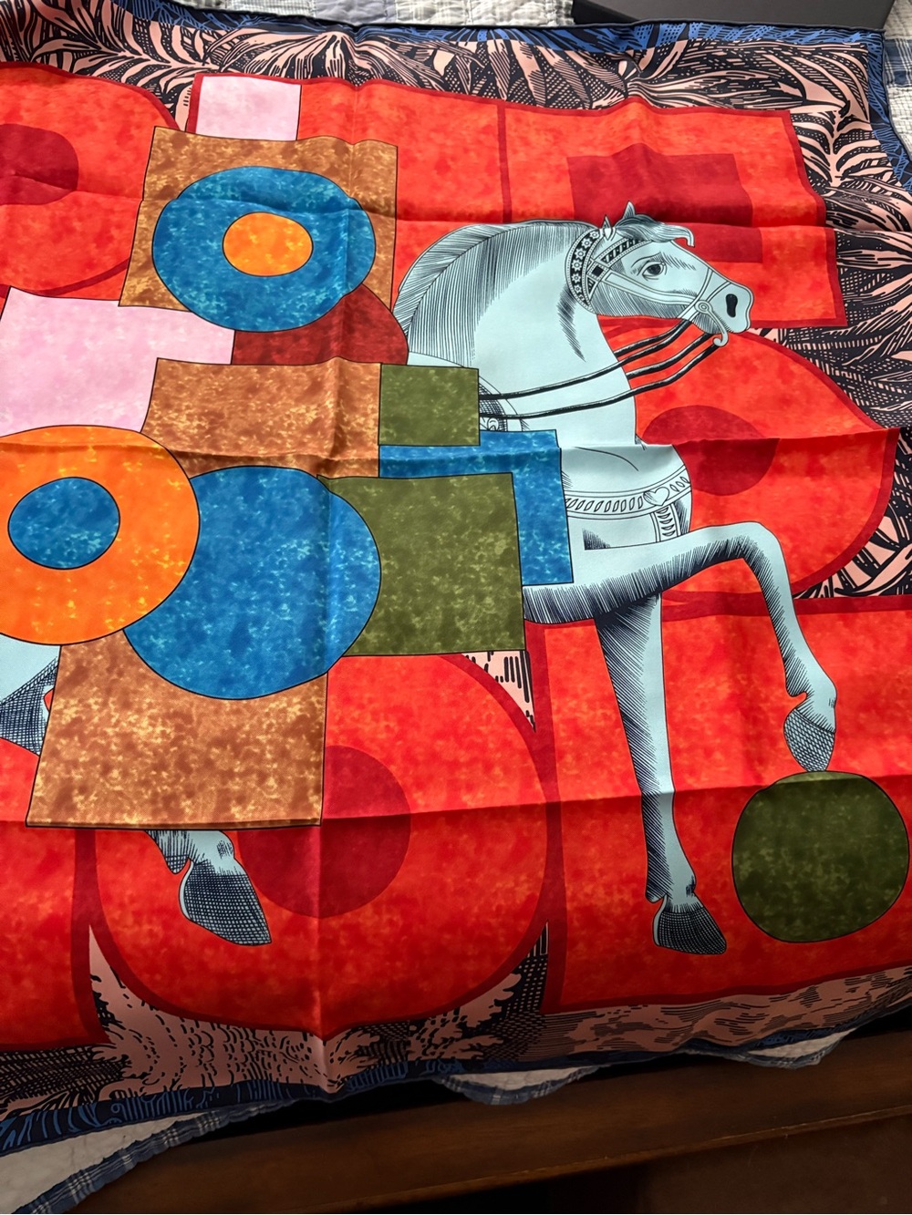Bold Red Horse Print Silk-Feel Scarf with Geometric Accents